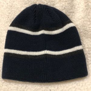 Adult Beanie ~ Dark blue w/ grey and white stripes